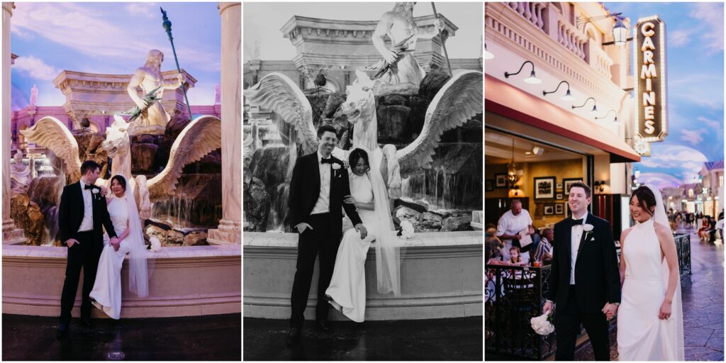 A summer intimate wedding at Caesars Palace and Carmine’s in Las Vegas, by Vegas Wedding Visuals - a Vegas elopement photo/video team.