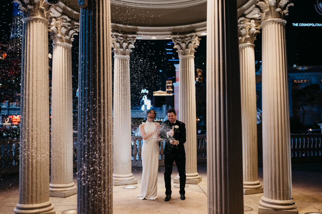 A summer intimate wedding at Caesars Palace and Carmine’s in Las Vegas, by Vegas Wedding Visuals - a Vegas elopement photo/video team.